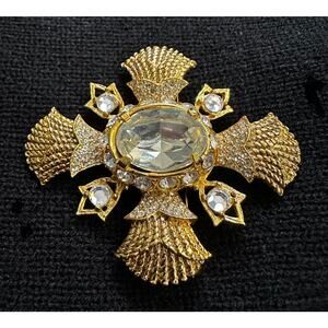 Gold Tone Maltese Cross Brooch Clear Rhinestone Statement Pin